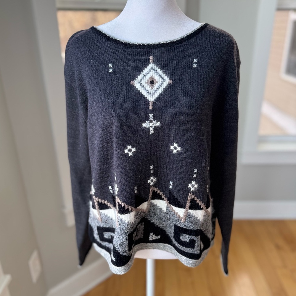 Christopher & Banks Black Tan White Aztec Print Boatneck Sweater Sz Large
